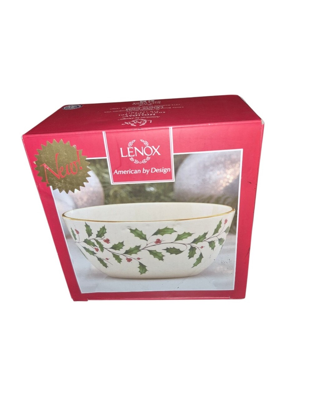 Lenox White Holiday Holly Serving Bowl with Green Leaves and Red Berries